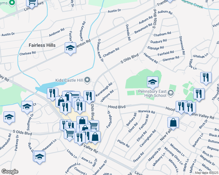 map of restaurants, bars, coffee shops, grocery stores, and more near 518 Kavanaugh Rd in Fairless Hills