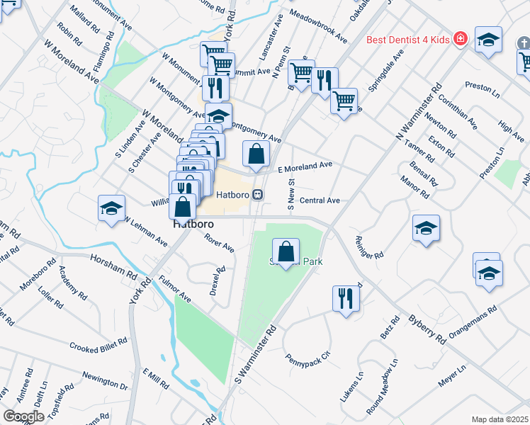 map of restaurants, bars, coffee shops, grocery stores, and more near 138 Byberry Road in Hatboro