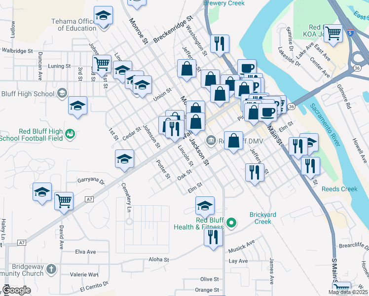 map of restaurants, bars, coffee shops, grocery stores, and more near 720 Lincoln Street in Red Bluff