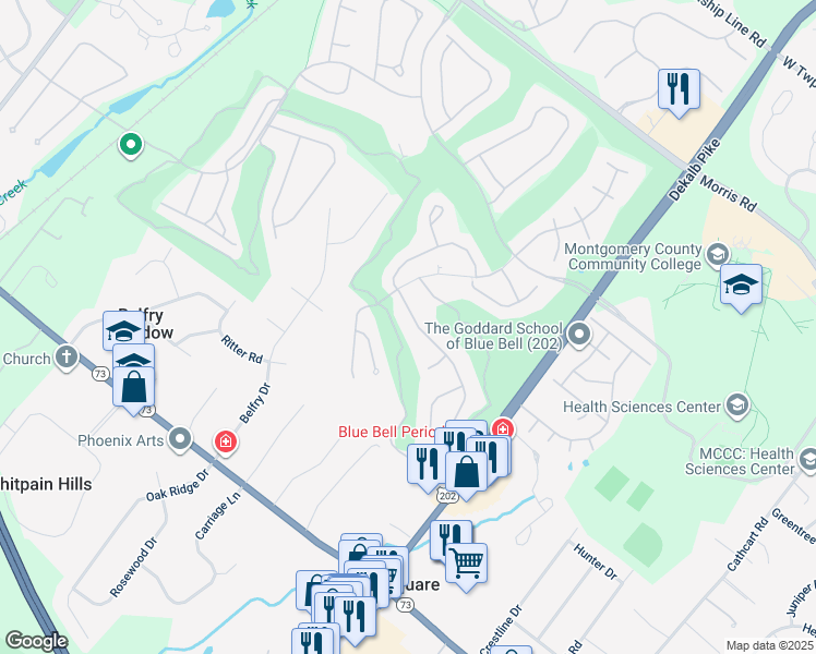 map of restaurants, bars, coffee shops, grocery stores, and more near 108 Spyglass Drive in Blue Bell