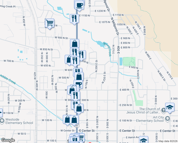 map of restaurants, bars, coffee shops, grocery stores, and more near 576 North 100 East in Springville