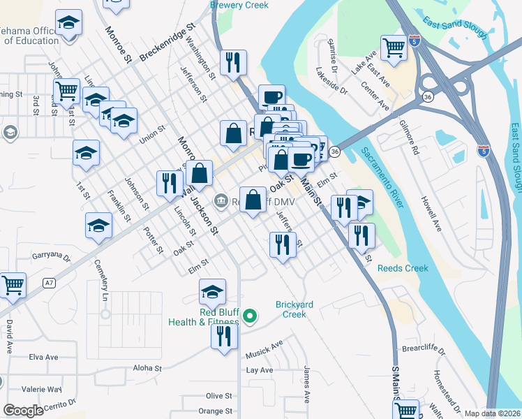 map of restaurants, bars, coffee shops, grocery stores, and more near 502 Madison Street in Red Bluff