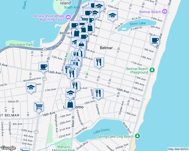 map of restaurants, bars, coffee shops, grocery stores, and more near 508 15th Avenue in Belmar