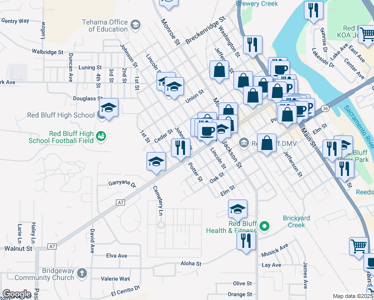 map of restaurants, bars, coffee shops, grocery stores, and more near 827 Johnson Street in Red Bluff