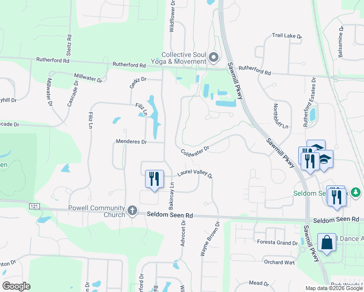 map of restaurants, bars, coffee shops, grocery stores, and more near 8198 Coldwater Drive in Powell
