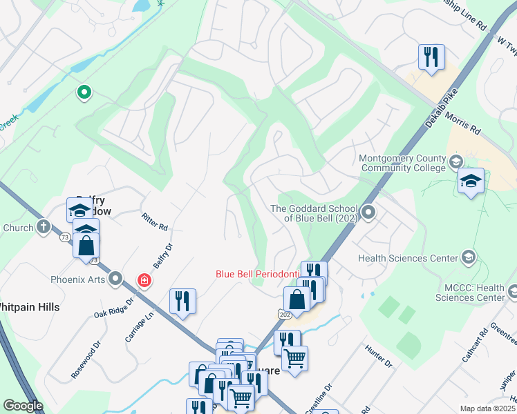 map of restaurants, bars, coffee shops, grocery stores, and more near 108 Spyglass Drive in Blue Bell