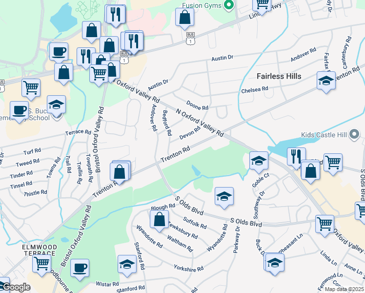 map of restaurants, bars, coffee shops, grocery stores, and more near 227 Trenton Road in Fairless Hills