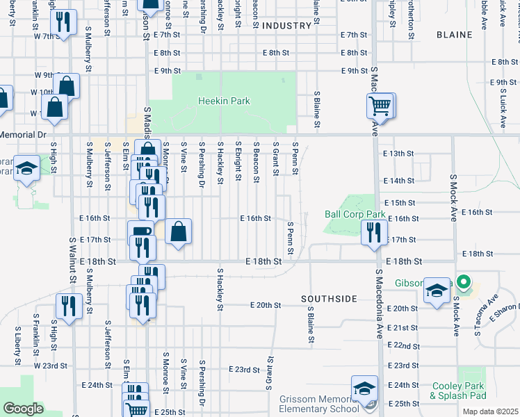map of restaurants, bars, coffee shops, grocery stores, and more near 2217 South Grant Street in Muncie