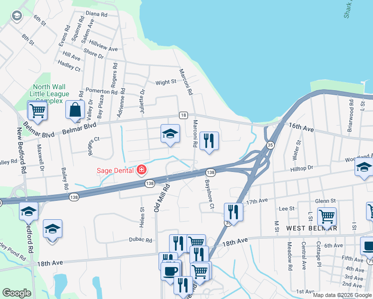 map of restaurants, bars, coffee shops, grocery stores, and more near 1437 Marconi Road in Wall Township