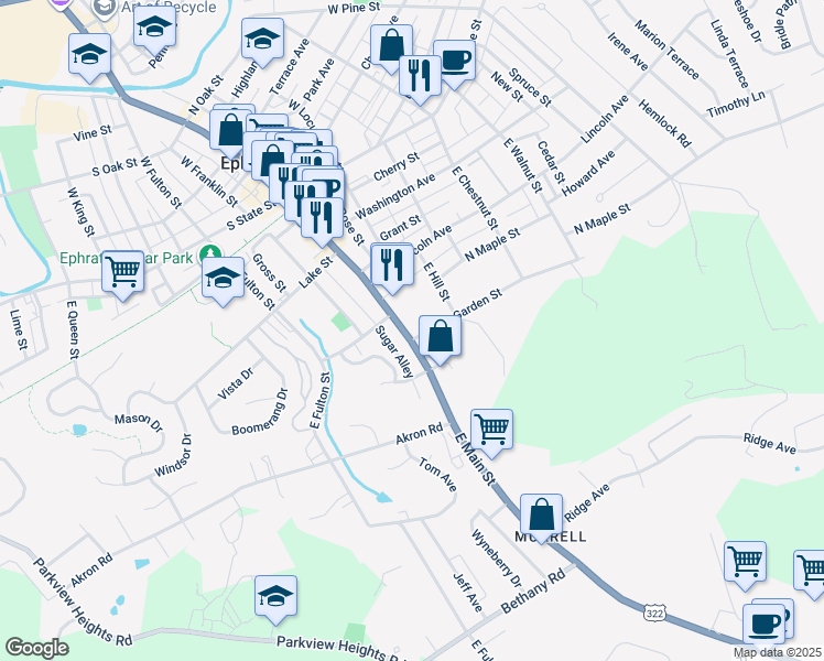 map of restaurants, bars, coffee shops, grocery stores, and more near 327 East Main Street in Ephrata