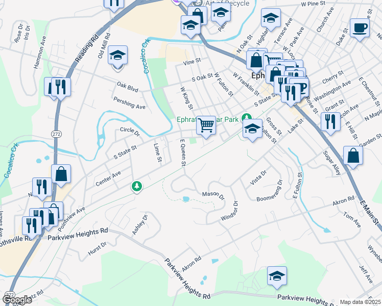 map of restaurants, bars, coffee shops, grocery stores, and more near 175 East King Street in Ephrata