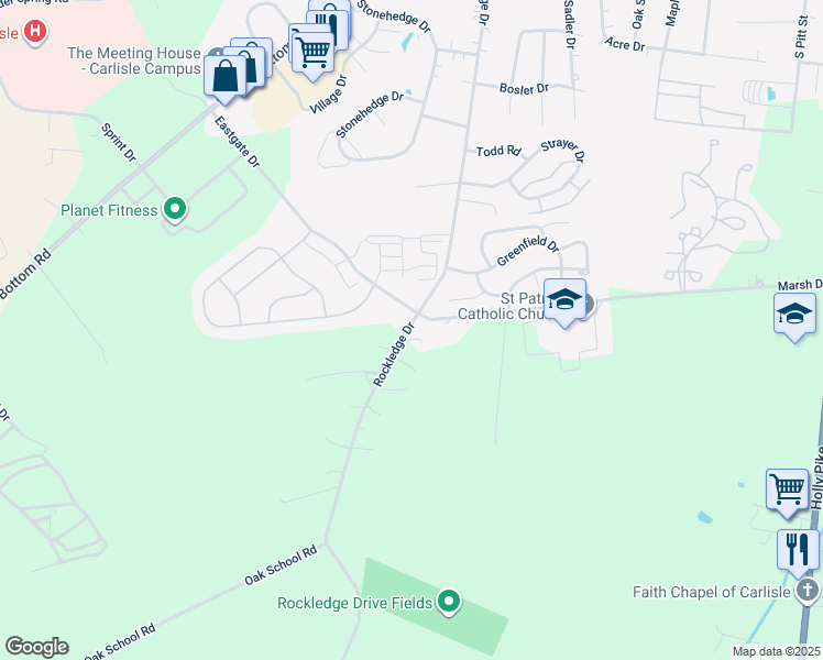 map of restaurants, bars, coffee shops, grocery stores, and more near 1103 Rockledge Dr in Carlisle