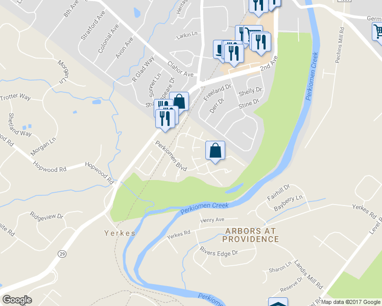 map of restaurants, bars, coffee shops, grocery stores, and more near 128 Hawthorne Court in Collegeville