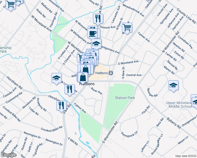 map of restaurants, bars, coffee shops, grocery stores, and more near 47 Byberry Road in Hatboro
