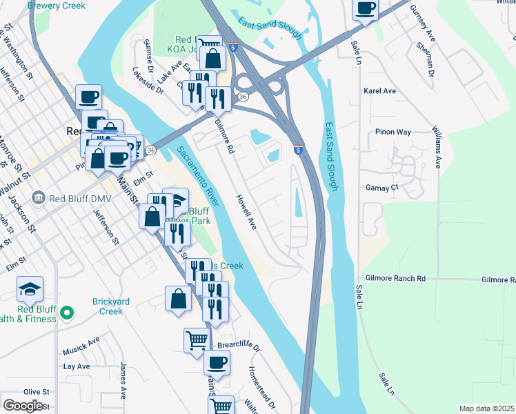 map of restaurants, bars, coffee shops, grocery stores, and more near Gilmore Road & Byron Avenue in Red Bluff