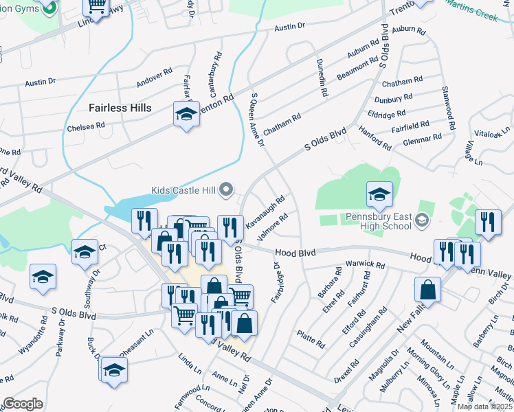 map of restaurants, bars, coffee shops, grocery stores, and more near 404 Placemont Road in Fairless Hills
