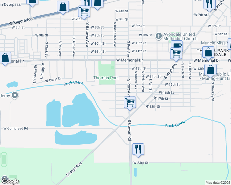map of restaurants, bars, coffee shops, grocery stores, and more near 2300 South Rochester Avenue in Muncie
