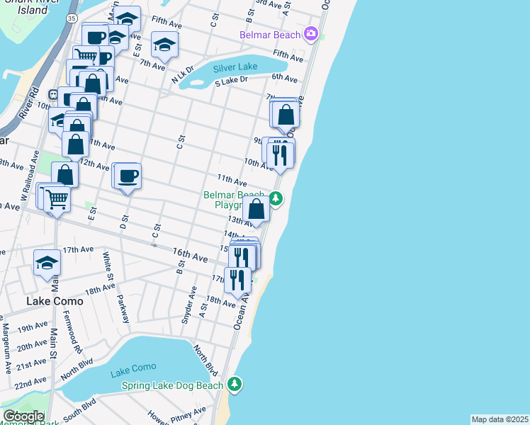 map of restaurants, bars, coffee shops, grocery stores, and more near 1202 Ocean Avenue in Belmar