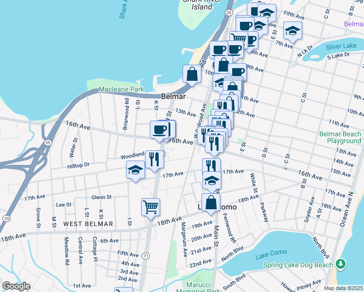 map of restaurants, bars, coffee shops, grocery stores, and more near 816 East Curtis Avenue in Monmouth County