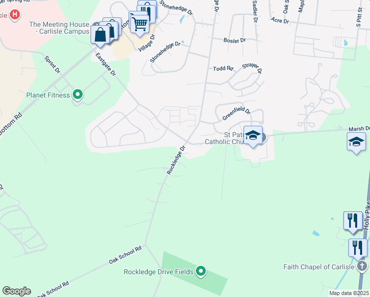 map of restaurants, bars, coffee shops, grocery stores, and more near 1103 Rockledge Dr in Carlisle