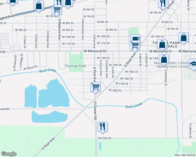 map of restaurants, bars, coffee shops, grocery stores, and more near 2305 South Port Avenue in Muncie
