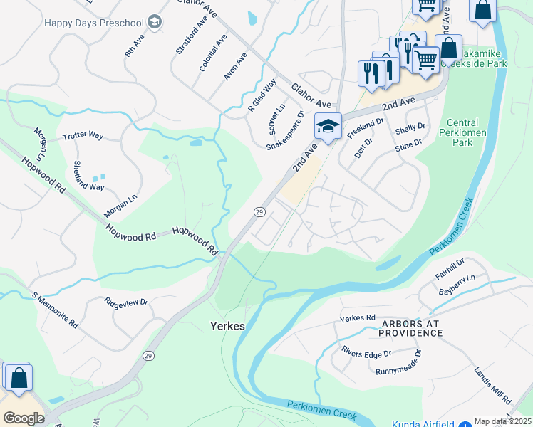 map of restaurants, bars, coffee shops, grocery stores, and more near 126 Spruce Lane in Collegeville