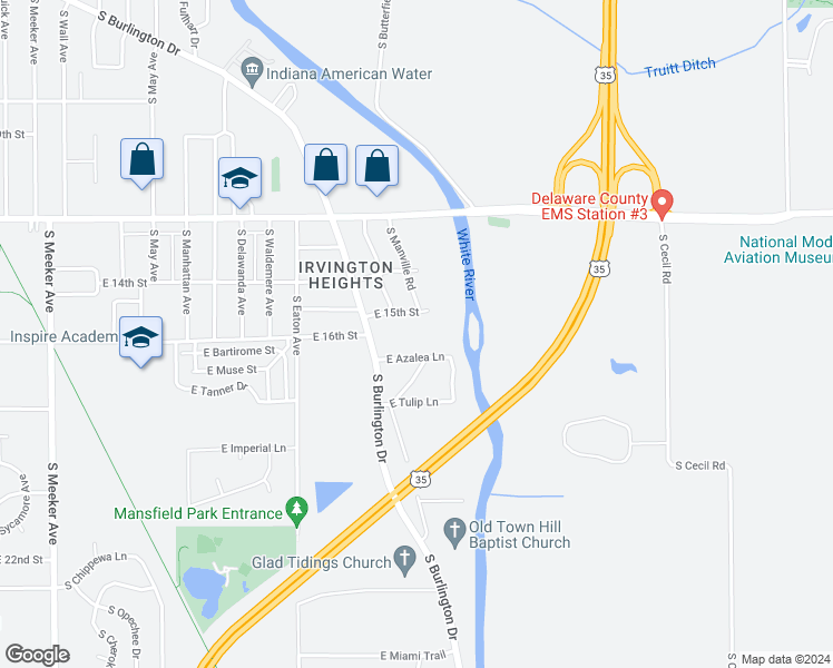 map of restaurants, bars, coffee shops, grocery stores, and more near 2304 S Burlington Dr in Muncie