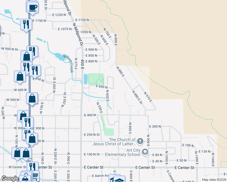 map of restaurants, bars, coffee shops, grocery stores, and more near 616 East 600 North in Springville