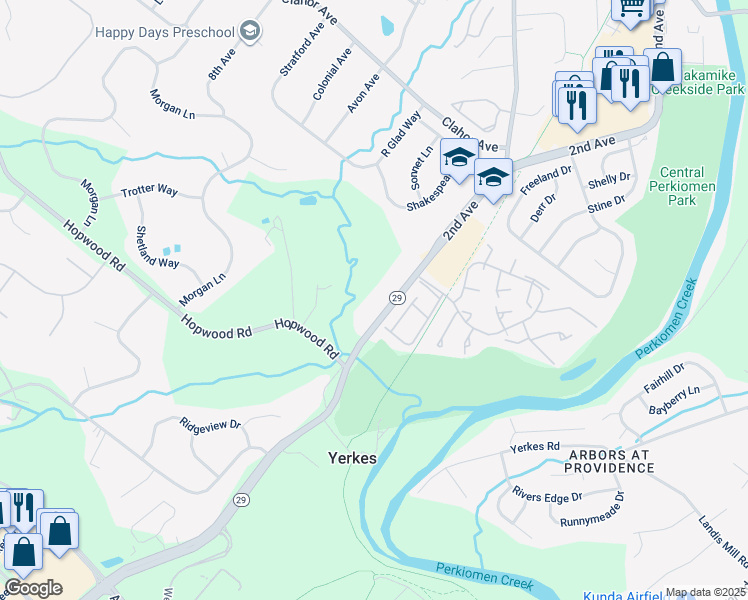 map of restaurants, bars, coffee shops, grocery stores, and more near 1731 South Collegeville Road in Collegeville