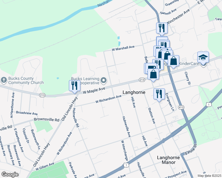 map of restaurants, bars, coffee shops, grocery stores, and more near 118 South Green Street in Langhorne
