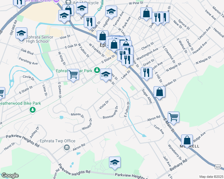 map of restaurants, bars, coffee shops, grocery stores, and more near 73 Westpointe Drive in Ephrata Township