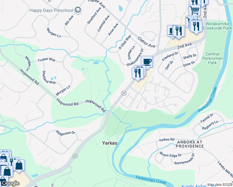 map of restaurants, bars, coffee shops, grocery stores, and more near 1731 South Collegeville Road in Collegeville