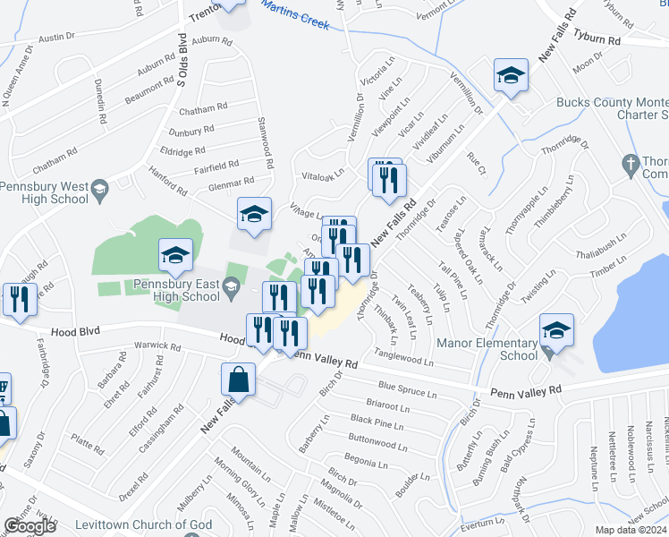map of restaurants, bars, coffee shops, grocery stores, and more near 110 Amelia Drive in Levittown