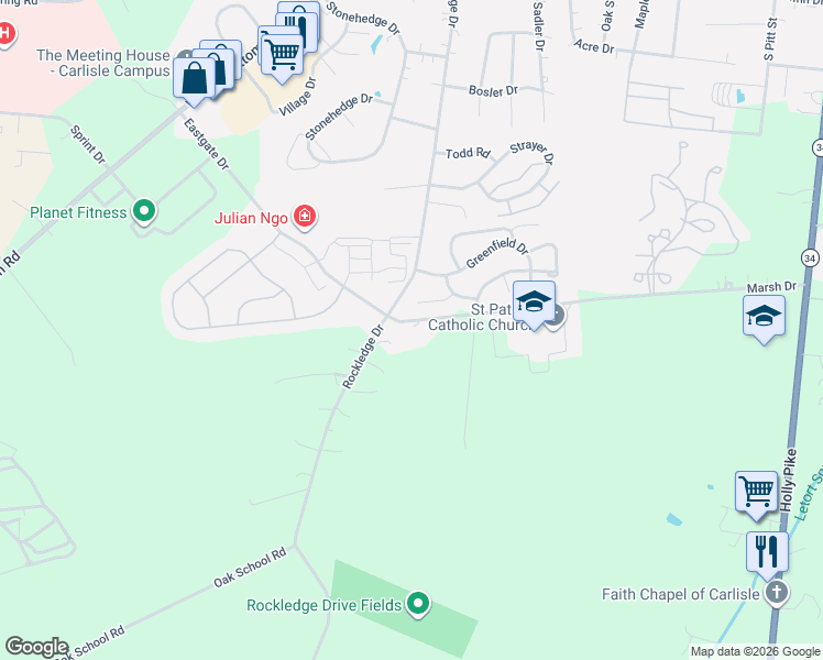 map of restaurants, bars, coffee shops, grocery stores, and more near 201 Marsh Drive in Carlisle