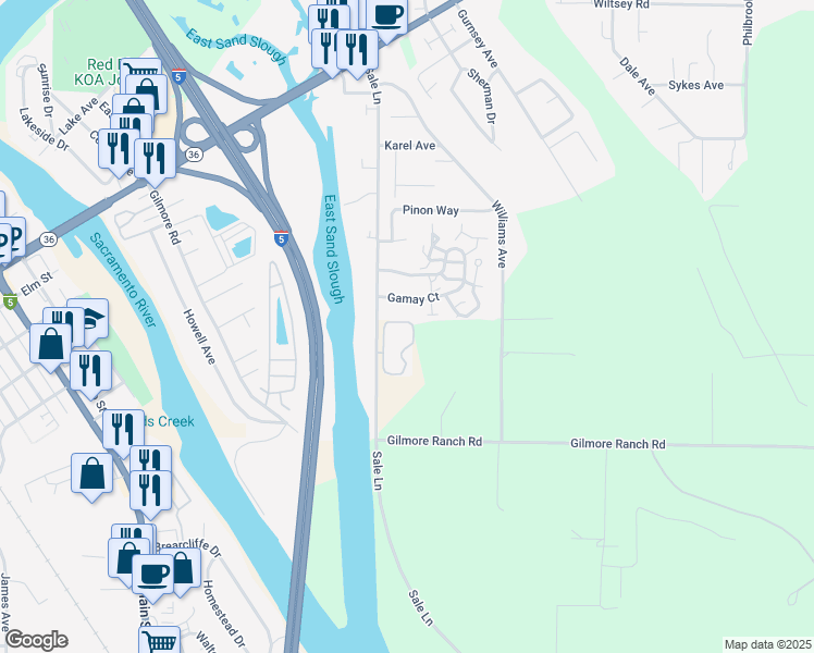 map of restaurants, bars, coffee shops, grocery stores, and more near 22022 Grove Circle in Red Bluff