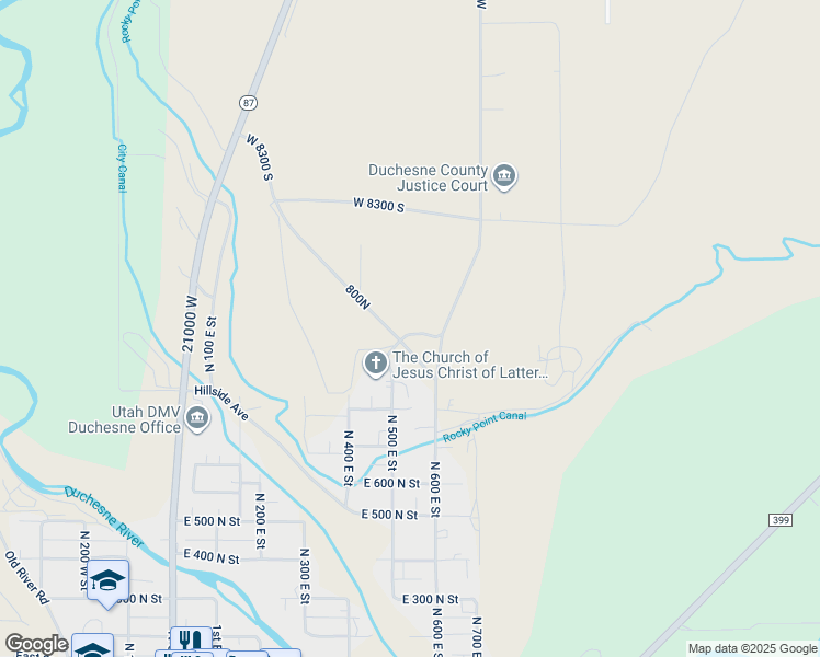 map of restaurants, bars, coffee shops, grocery stores, and more near 539 East River Road in Duchesne