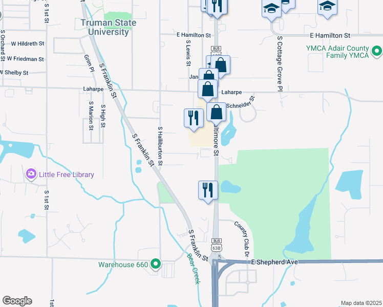 map of restaurants, bars, coffee shops, grocery stores, and more near 899 Shannon Lane in Kirksville
