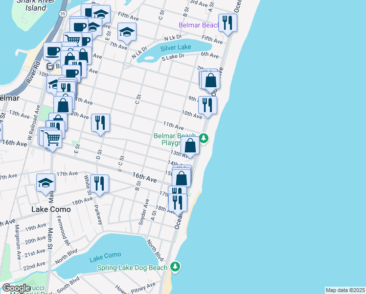 map of restaurants, bars, coffee shops, grocery stores, and more near 108 13th Avenue in Belmar