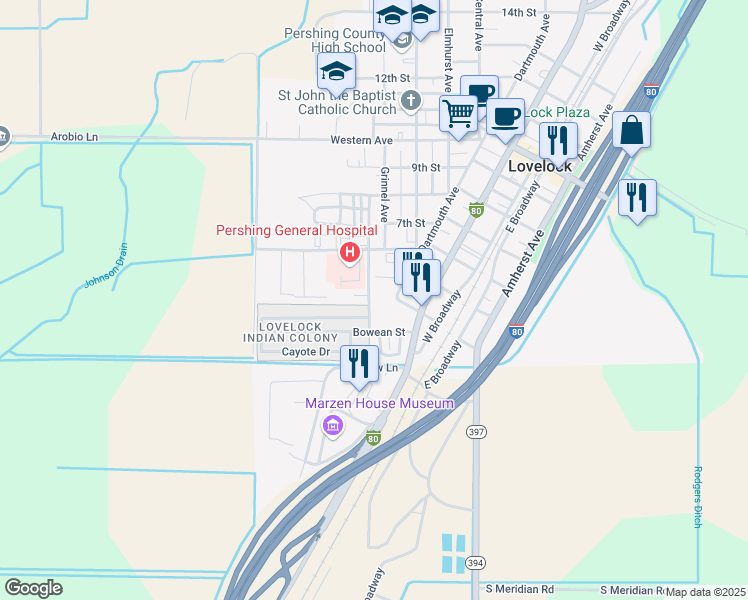 map of restaurants, bars, coffee shops, grocery stores, and more near 450 Sierra Place in Lovelock