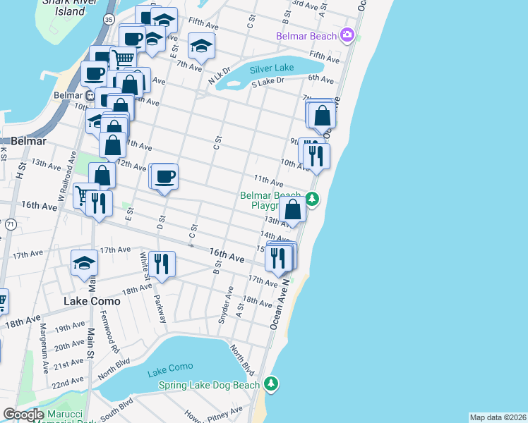 map of restaurants, bars, coffee shops, grocery stores, and more near 1203 A Street in Belmar