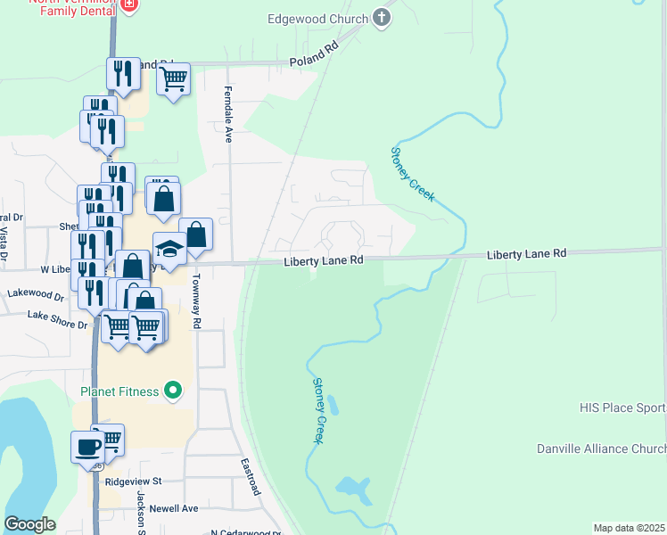 map of restaurants, bars, coffee shops, grocery stores, and more near 332 East Liberty Lane in Danville