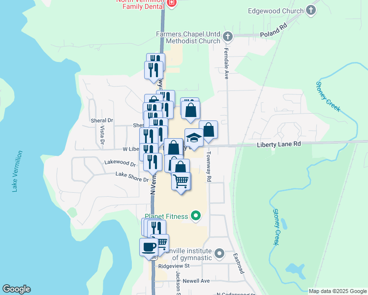 map of restaurants, bars, coffee shops, grocery stores, and more near 20 East Liberty Lane in Danville