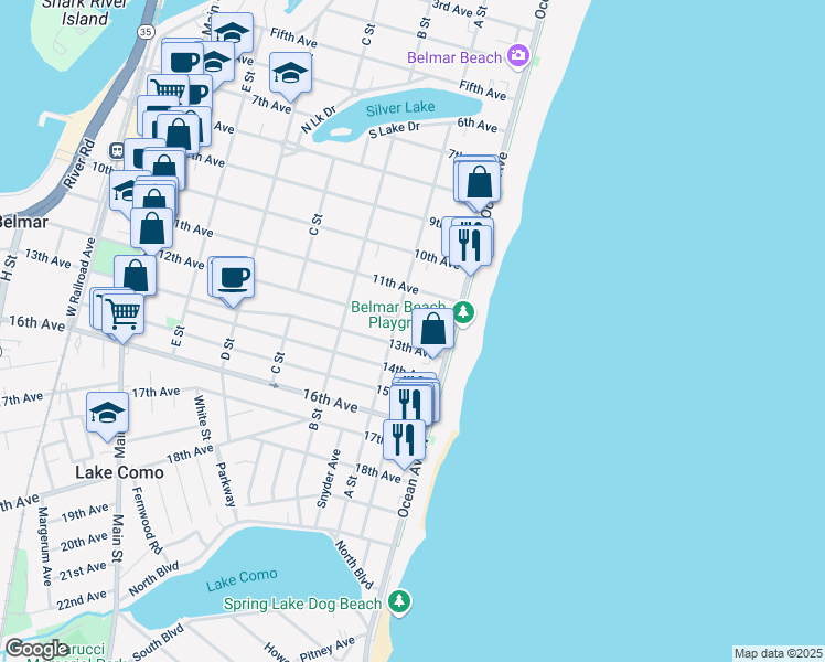 map of restaurants, bars, coffee shops, grocery stores, and more near 108 13th Avenue in Belmar