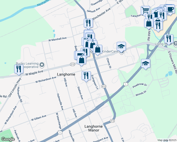 map of restaurants, bars, coffee shops, grocery stores, and more near 111 Flowers Avenue in Langhorne