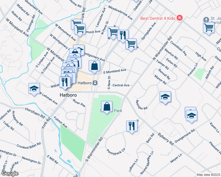 map of restaurants, bars, coffee shops, grocery stores, and more near 204 Byberry Road in Hatboro