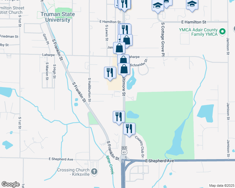 map of restaurants, bars, coffee shops, grocery stores, and more near 2402 South Baltimore Street in Kirksville