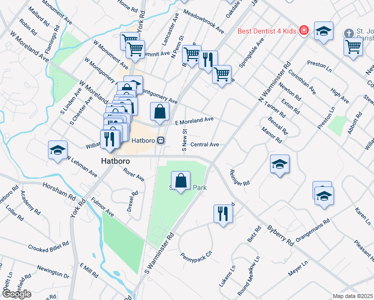map of restaurants, bars, coffee shops, grocery stores, and more near 204 Byberry Road in Hatboro