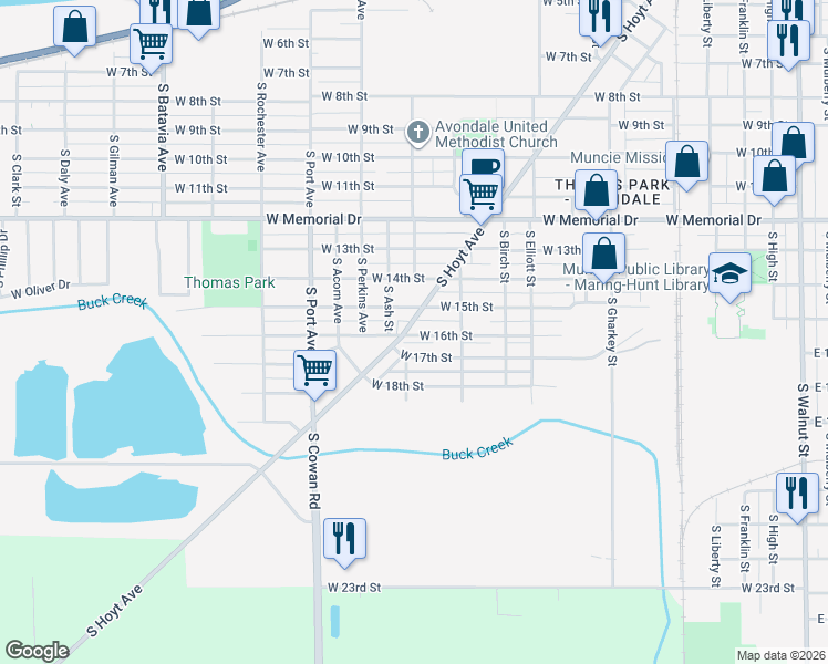 map of restaurants, bars, coffee shops, grocery stores, and more near 1308 West 17th Street in Muncie