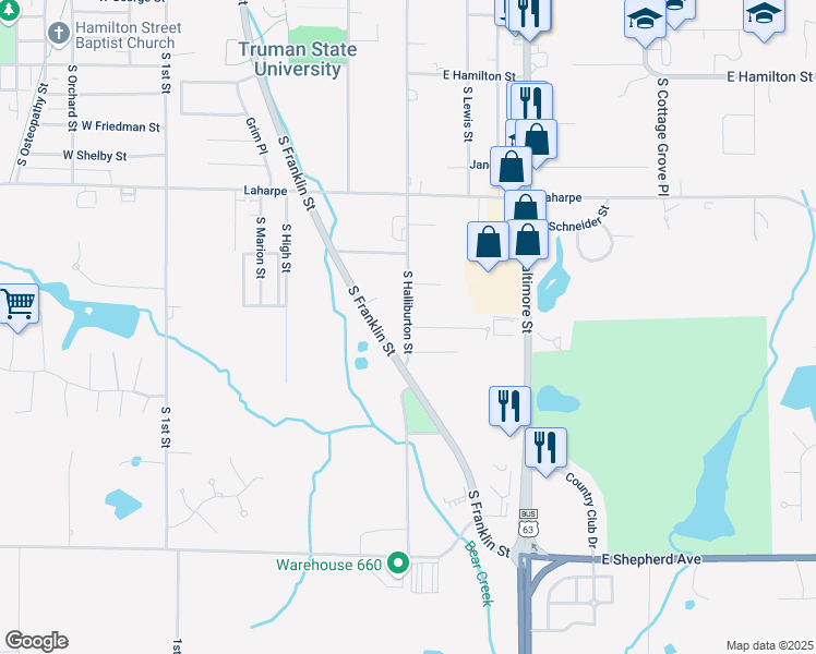 map of restaurants, bars, coffee shops, grocery stores, and more near 2300 South Halliburton Street in Kirksville