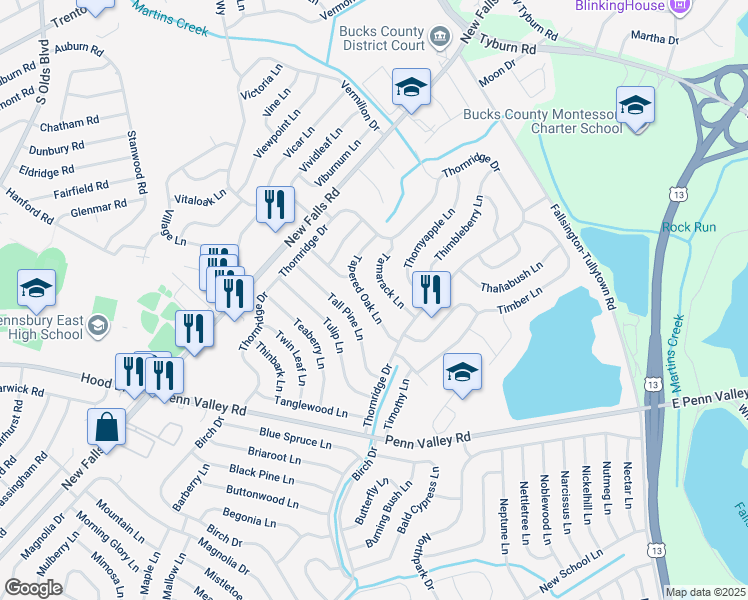 map of restaurants, bars, coffee shops, grocery stores, and more near 28 Tapered Oak Lane in Levittown